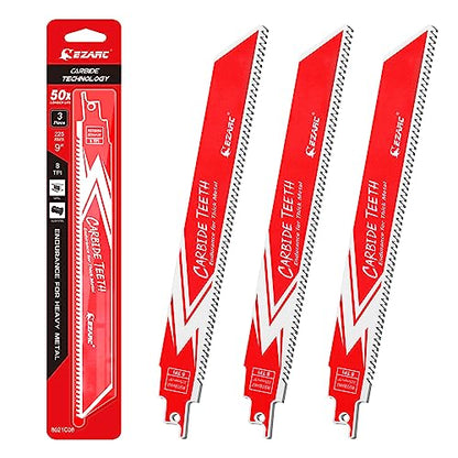 EZARC Carbide Reciprocating Saw Blade R978HM Endurance for Thick Metal, Cast Iron, Alloy Steel 225mm 8TPI, 3-Pack