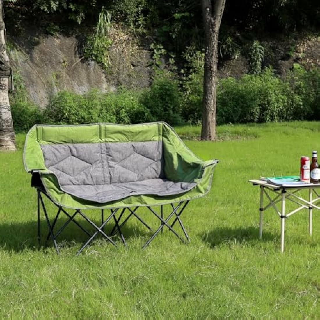 LANMOUNTAIN Folding Loveseat Camping Chair, Portable Double Chair w/Cup Holder,Wine Glass Holder,Carry Bag Heavy Duty Lawn Chair for 2 Adults,Perfect for Camp,Hiking,Picnics and Beach Trips,Green
