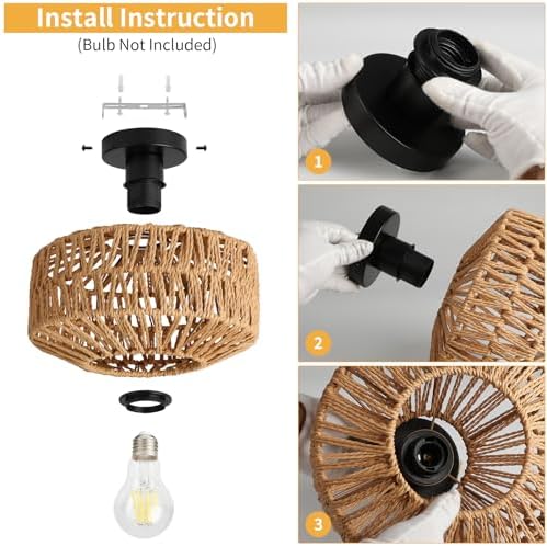 FORCOSO Rattan Ceiling Light, Boho Lamp with Natural Rattan Lampshade, E27 Vintage Chandelier Wicker Light Shade Fitting, Rustic Bamboo Lamp Fixtures for Living Room Bedroom Dining Kitchen Hallway