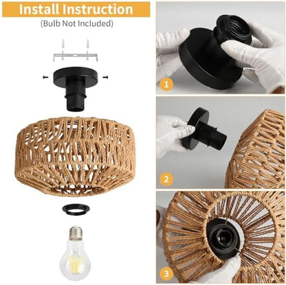 FORCOSO Rattan Ceiling Light, Boho Lamp with Natural Rattan Lampshade, E27 Vintage Chandelier Wicker Light Shade Fitting, Rustic Bamboo Lamp Fixtures for Living Room Bedroom Dining Kitchen Hallway