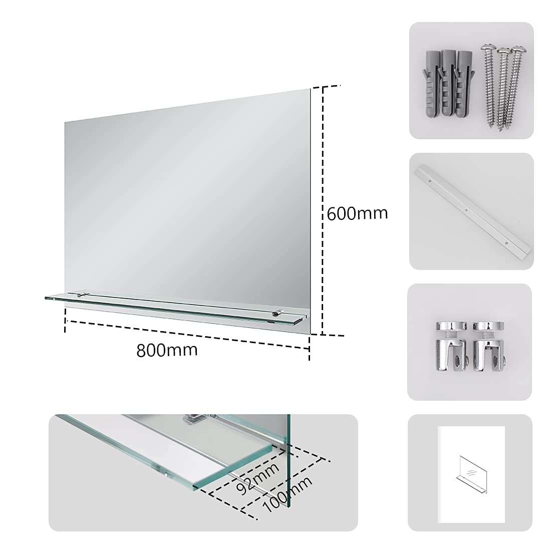EMKE Frameless Mirror with Shelf - Small Bathroom Wall Shaving Mirror with Storage, Rectangle Vanity Mirrors 80x60cm