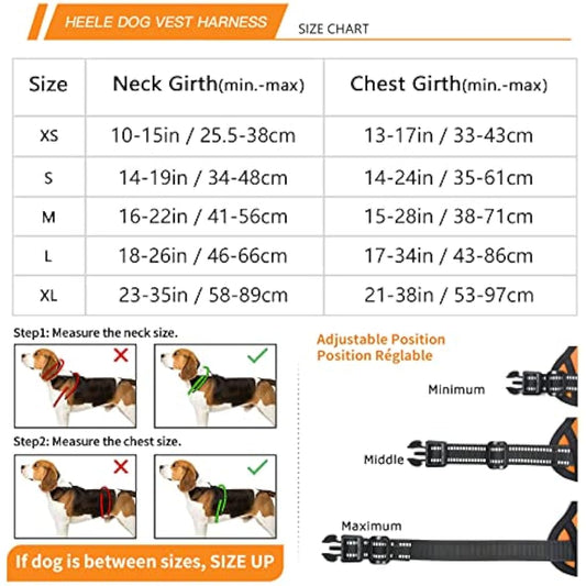 HEELE No Pull Dog Harness - Ex-Large, Release on Neck, Reflective, Adjustable with Front & Back Leash Attachments & Soft Padded Control Handle - Orange, XL