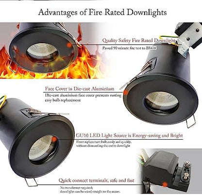 4XSweier 90 Minute Fire Rated LED Recessed Ceiling Light, Waterproof IP65 Spotlight, Die-Cast Aluminium (Bulb not Included) Black Recessed Spotlight, 230V GU10 Downlight