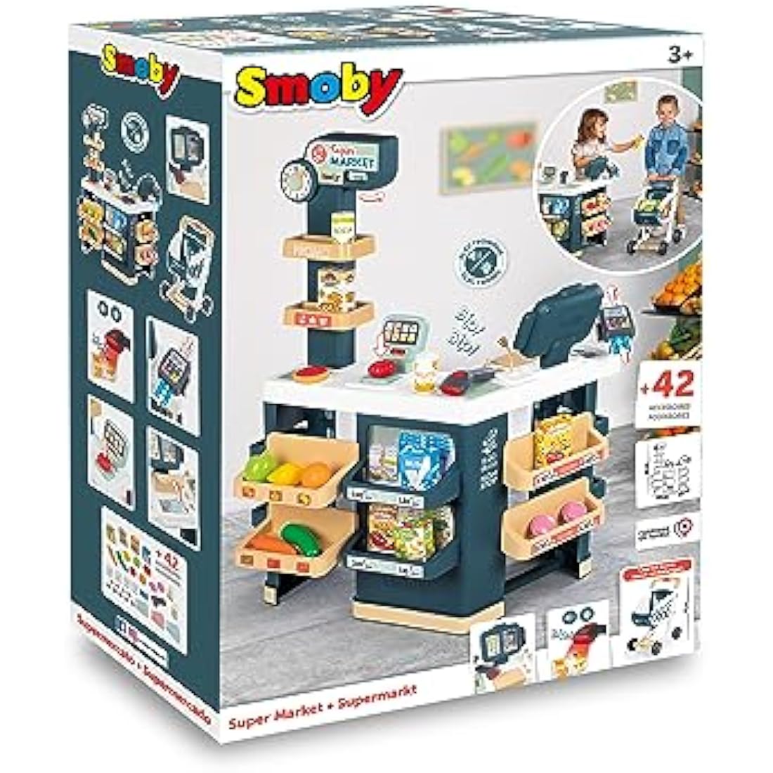 Smoby - Supermarket, Children's Shopping Trolley Included, Mechanical Scale, Electronic Functions and 42 Accessories for a full shopping experience, Suitable for kids aged 3 years and over