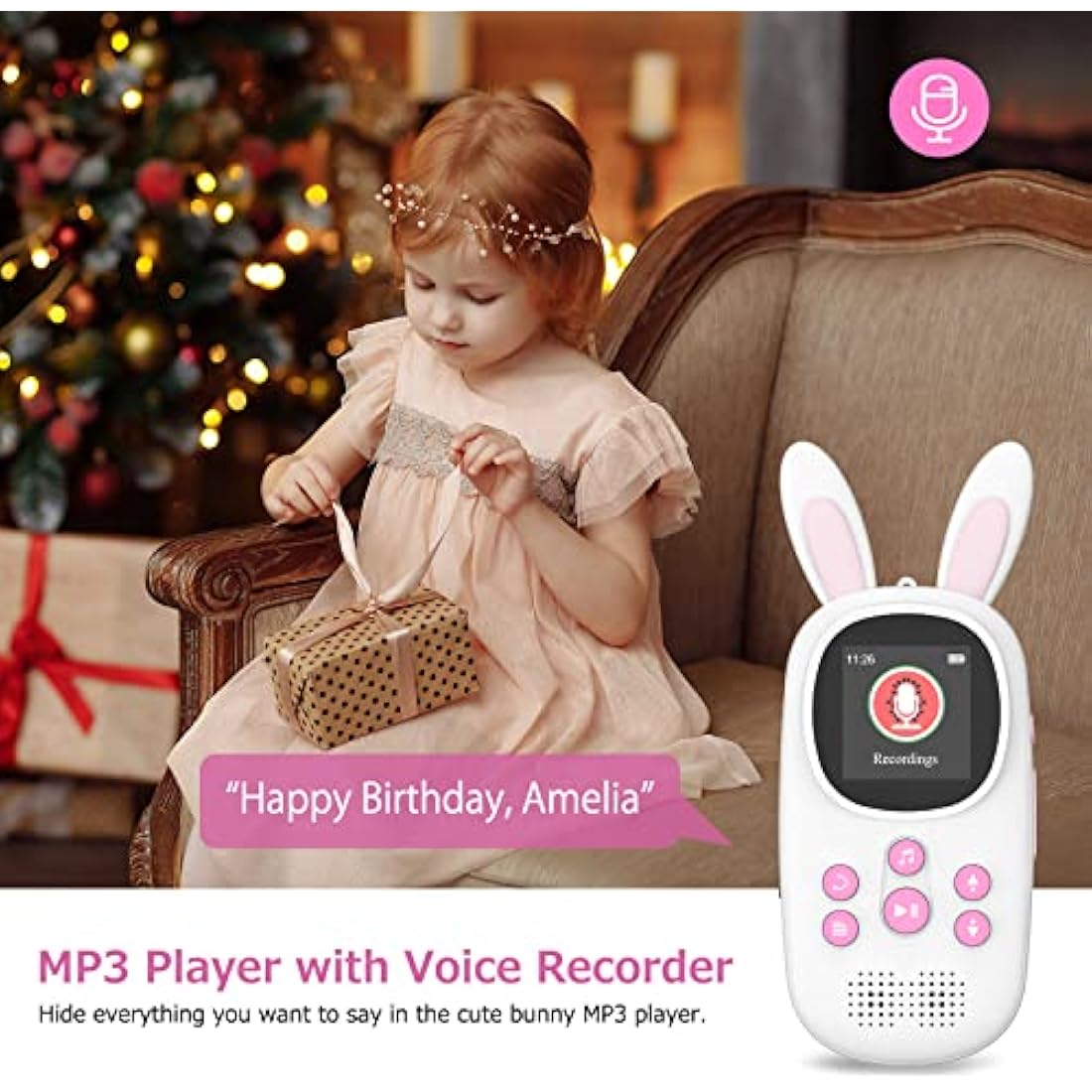 Cute Bunny Kids Music MP3 Player with Bluetooth, MP4 Player with Speaker, FM Radio, Alarm, Pedometer, Stopwatch, Supports up to 128GB