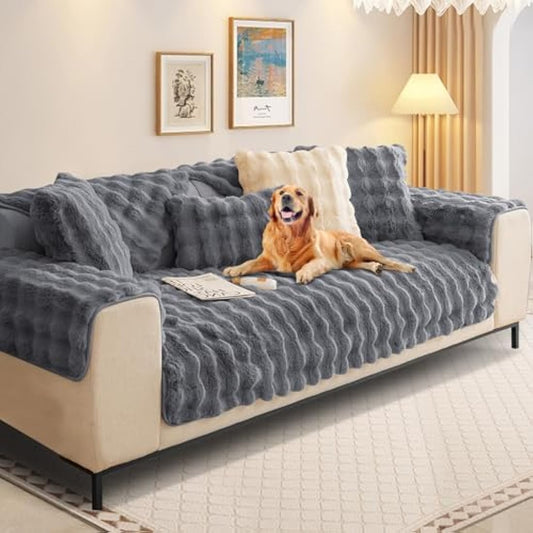 SHANNA Thick Rabbit Plush Sofa Cover 1 2 3 Seater, New Universal Non-Slip Corner Sofa Cover L Shape Super Soft Faux Fur Sofa Slipcovers for Living Room(Grey, 110 * 110cm Chaiselongue Cover)
