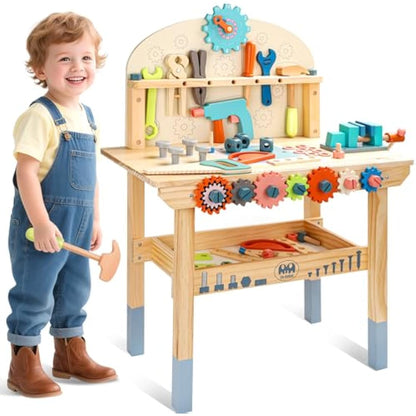 Tool Bench for Kids Toy Play Workbench Wooden Tool Bench Workshop Workbench with Tools Set Wooden Construction Bench Toy for 3 4 5 Year Old Boys and Girls