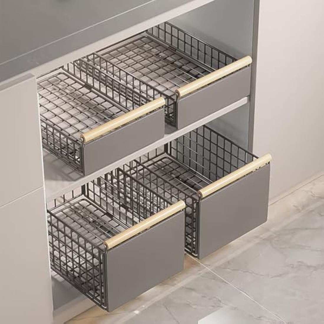 Pull Out Cabinet Organiser, pull out kitchen storage Foldable, Kitchen Cupboard Organiser with Handle, No Drill Adjustable Drawers, Slide Out Drawers for Kitchen Cabinets, grey, 23.5*19.5*39.5~56.5cm