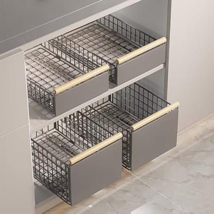 Pull Out Cabinet Organiser, pull out kitchen storage Foldable, Kitchen Cupboard Organiser with Handle, No Drill Adjustable Drawers, Slide Out Drawers for Kitchen Cabinets, grey, 23.5*19.5*39.5~56.5cm