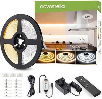 NOVOSTELLA 12M LED White Strip Lights, Dimmable 40ft 1344 LEDs, Tunable Warm White to Cool Daylight 3000K-6500K, with RF Remote Flexible LED Tape for Living Room Cabinet Bedroom Kitchen Ceiling, 24V
