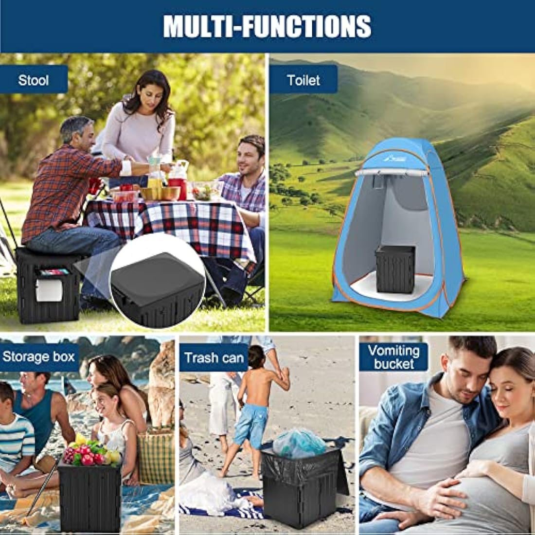 XL Portable Toilet for Adults, Extra Large 15.4" H Foldable Camping with Detachable Phone Shelf and Paper Holder, Waterproof Porta Potty Lid Camping, Hiking, Long Road Trips, Car