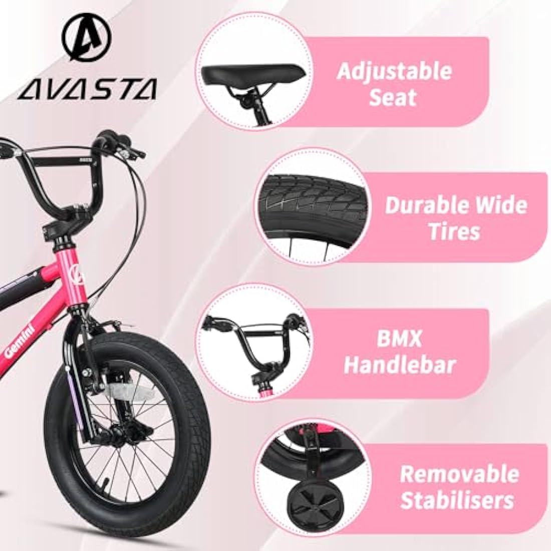 AVASTA  14  Inch Kids Bike BMX Style Bicycle with Stabilisers & Kickstand & Bell for 2-8 Years Old Boys Girls, Multiple Colors