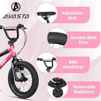 AVASTA 12 14 16 Inch Kids Bike BMX Style Bicycle with Stabilisers & Kickstand & Bell for 2-8 Years Old Boys Girls, Multiple Colors