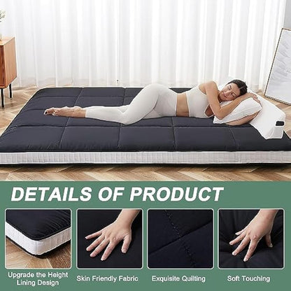 ZIKEBTUY Floor Mattress Japanese Futon Double Mattress Topper - 10cm Thick Foldable Tatami Mat Sleeping Bed Pad for Guests, Dormitories, Camping, Sofas & Loungers - Black, 203 * 137 * 10CM