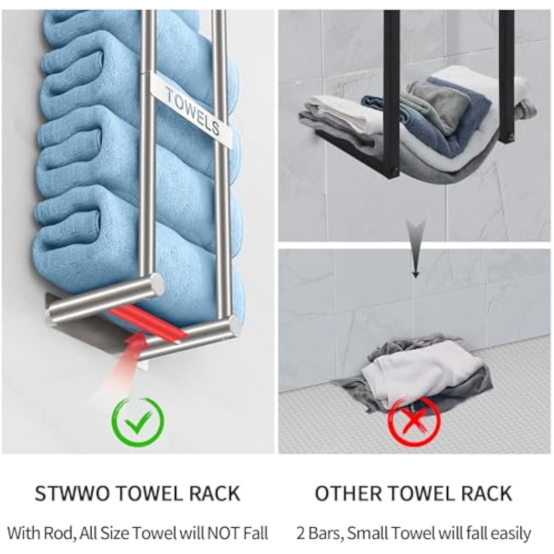 STWWO Towel Rack Wall Mounted Bath Towel Holder 56cm Bathroom Towel Holder for 4 Large Bath Sheets Rolled Towels Storage for Small Bathroom Organizer, Brushed