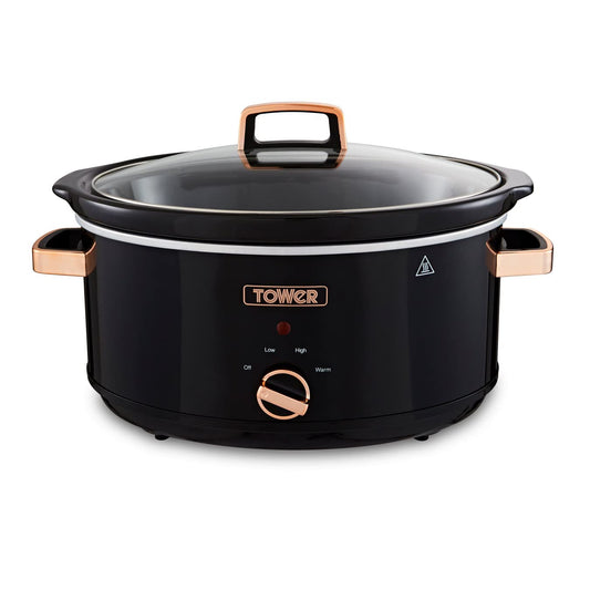 Tower T16019RG Infinity Slow Cooker with 3 Heat Settings & Keep Warm Function, 6.5L, 300W, Black and Rose Gold