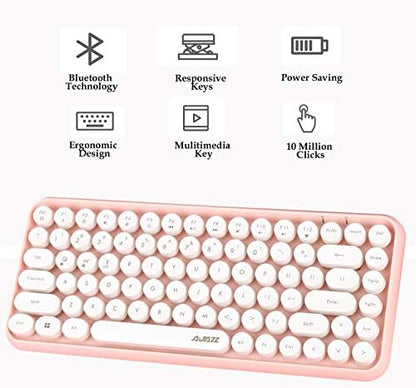 FELiCON 308i Retro Wireless Keyboard, Bluetooth Silent Cute Computer Keyboard with Round Punk Compact 84 keys, Lightweight, Matte Texture,Typewriter Design for PC, Laptop, Mac, Phone-Pink