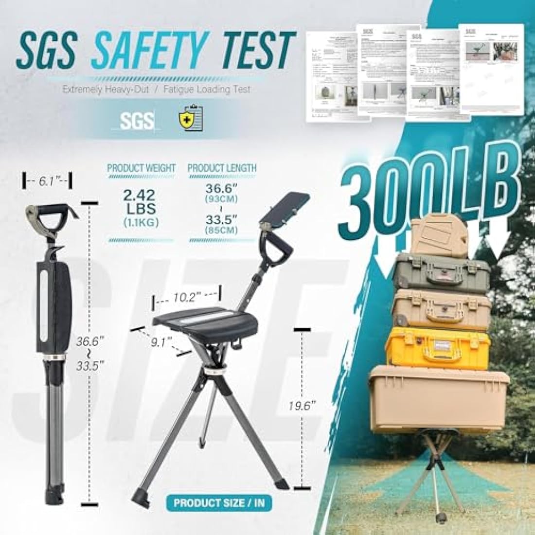 Ta-Da Chair Series 2 PRO - Walking Stick with Seat, Lightweight Aluminium Pole Frame & Sturdy Foldable Stool (up to 136kg), Easy Folding Design, Ideal for Hiking & Outdoors - Adjustable