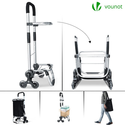VOUNOT Folding Shopping Trolley on 6 Wheels, Aluminium Lightweight Shopping Cart with Insulated Cooling Bag, Stair Climbing Grocery Trolley, 58L,