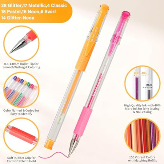 LANRENWENG 200 Pack Gel pens Set 100 Colored Gel Pen with 100 Refills, Fine Tip Glitter Gel pens with Canvas Bag for Adults Coloring Books Drawing Crafts Scrapbooks