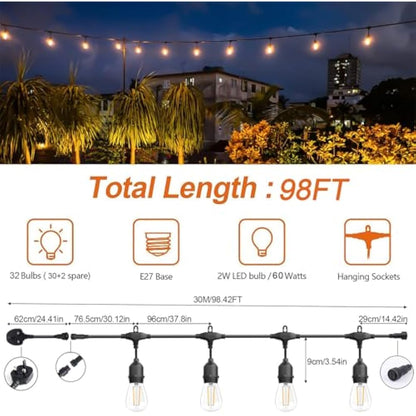 Spacelumen 98FT Outdoor String Lights Mains Powered, 32 Pcs 2W S14 LED E27 Screw Bulb, 2700K Warm White S14 Garden String Festoon Lights for Patio Party Wedding Yard Gazebo