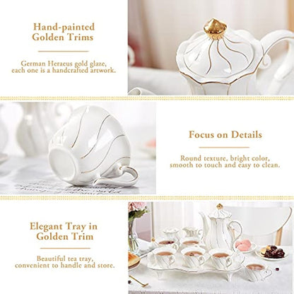DUJUST 14 pcs Tea Set of 6 with Tea Tray & Spoons, Luxury British Style Tea/Coffee Cup Set with Golden Trim, Porcelain Tea Set for Living Room Decor, Tea Party Set, Gift Package - White