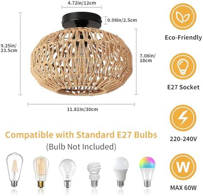 FORCOSO Rattan Ceiling Light, Boho Lamp Light Shade Rattan Lampshade, E27 Vintage Chandelier Light Fitting, Rustic Ceiling Lamp Fixtures for Living Room Bedroom Dining Room Kitchen Hallway