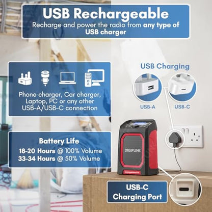 DigiFunk Work Site Radio | USB Rechargeable | DAB+, DAB, FM, Bluetooth, AUX Input | IP65 Waterproof Rugged Durable Design | Perfect for Builders, Outdoors, Warehouse, Garage, DIYer, Shed | Red