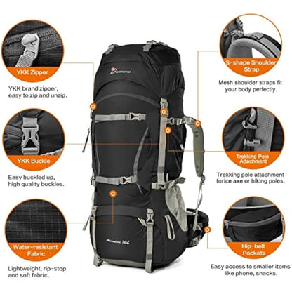 MOUNTAINTOP 70L Hiking Backpack water-resistant Internal Frame Backpacks Large Trekking Mountaineering Rucksack with Rain Cover for Men Women Cover Outdoor