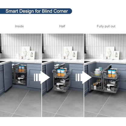 VADANIA Blind Corner Pull Out Organizer for 800mm Cabinet Left Open & Right Open Compatible, Min Opening 370mm, 2-Tier Pull-Out Basket, Soft Close, Bottom Mount