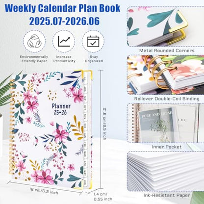BLESWIN 2025-2026 Planner, 12 Months A5 Diary Week to View, JUL.2025-JUN.2026, Weekly Organiser Notebook, Weekly Planner Spiral Bound with Inner Pocket, Academic Diary for Life Work