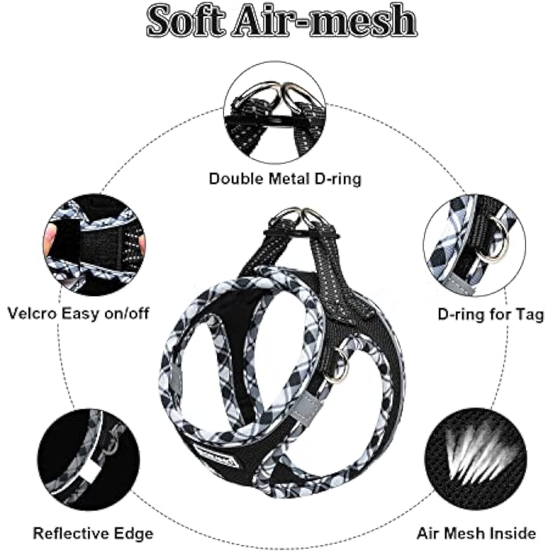 DORAMIO Step-in Dog Harness and Leash Set, Soft Mesh No-Chock Reflective Breathable Easy Walk Lightweight Vest Harnesses with Safety Buckle for Small Dogs, Cats, Puppies (Black White, XL)