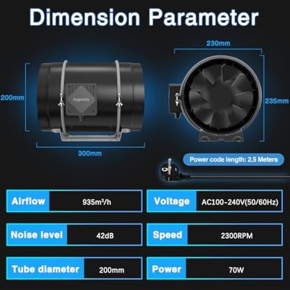 Aygrochy Quiet 8” Inline Duct Fan with Temperature Humidity Controller - Ventilation Exhaust Fan Using for Heating Cooling Booster, Grow Tents, Hydroponics,Home use Ventilation and Exhaust Blower.