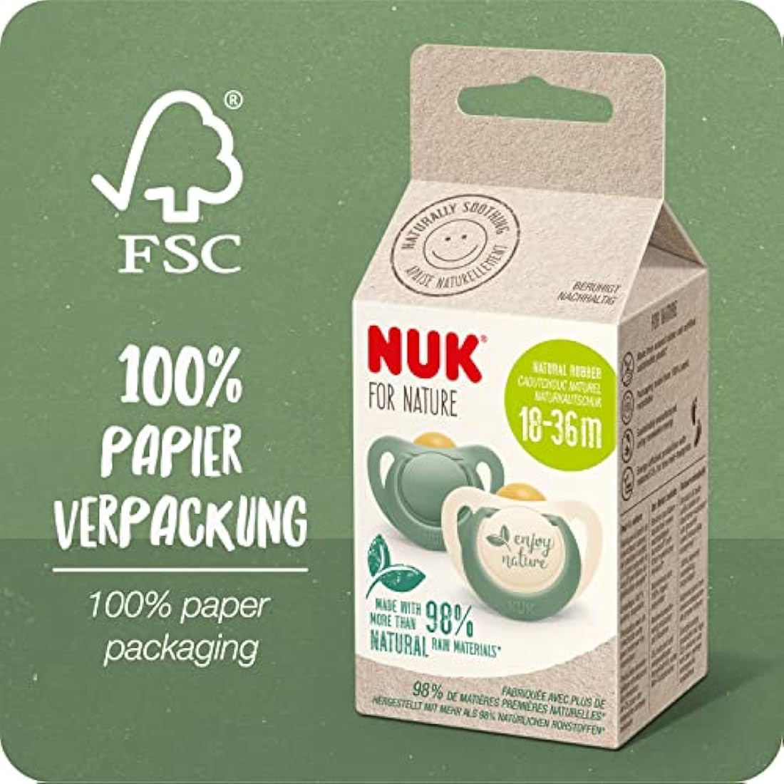 NUK for Nature Baby Dummy | 18-36 Months | Sustainable Rubber Soothers | Over 98% Natural Raw Materials | Eucalyptus Green | 2 Count
