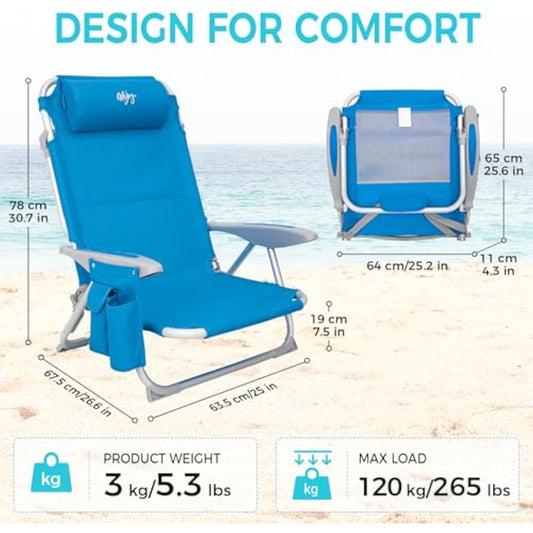 #WEJOY 4-Position Folding Beach Chair - Lightweight Aluminum Camping Chair for Adults, High Back Recliner with Pillow & Storage Pocket, Portable