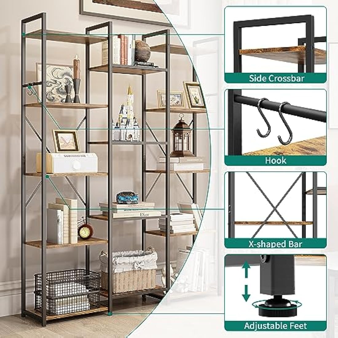 YITAHOME Bookcase, Floor Standing Book shelf with 14 Shelves and Hooks Tall Shelving Unit Display Storage Rack with Stable Metal Frame for Living Room, Home Office, Rustic Brown Bookshelf