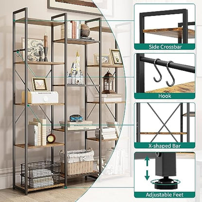 YITAHOME Bookcase, Floor Standing Book shelf with 14 Shelves and Hooks Tall Shelving Unit Display Storage Rack with Stable Metal Frame for Living Room, Home Office, Rustic Brown Bookshelf