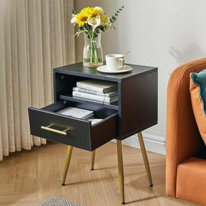 IBUYKE Nightstand, Mid-Century Modern Bedside Table with Legs, Minimalist and Practical End Side Table with 2 Tiers Storage Space, for Bedroom, Living Room, Black WNS004B