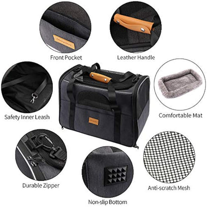 Morpilot Cat Carrier, Portable Pet Carrier Bag for Cats and Small Dogs, Foldable Soft Sided Cat Transport Carrier, Airline Approved Pet Travel Carrier with Shoulder Strap, Removable Mat and Pet Bowl