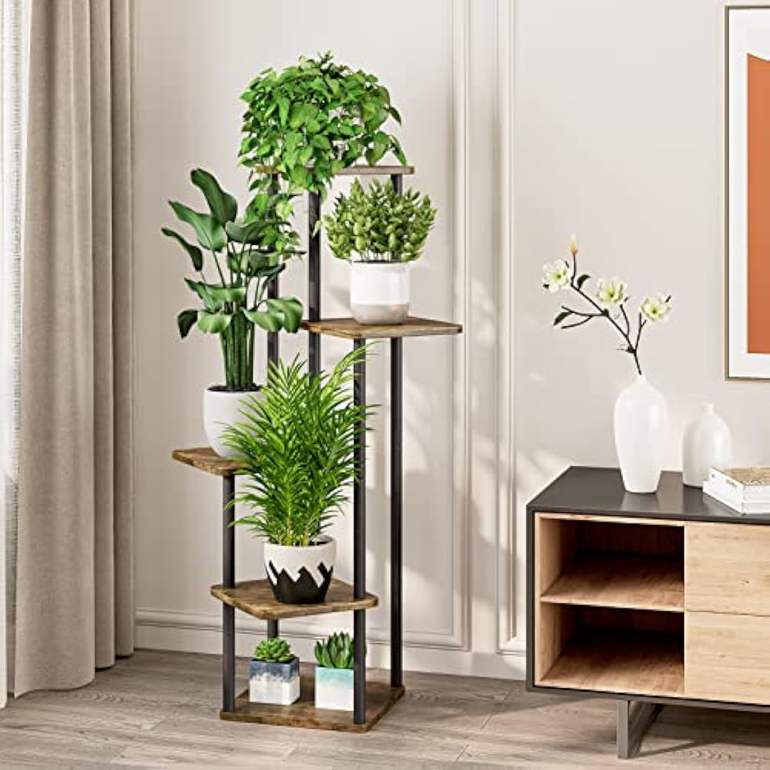 5-Tier Hölzern Blumenregal Pflanzenregal, VASZOLA Mehrstöckig Blumenständer Pflanzenständer Blumenbank Blumentreppe Pflanzentreppe Standregal für Innen Außen Garten Balkon Deko(Schwarz)