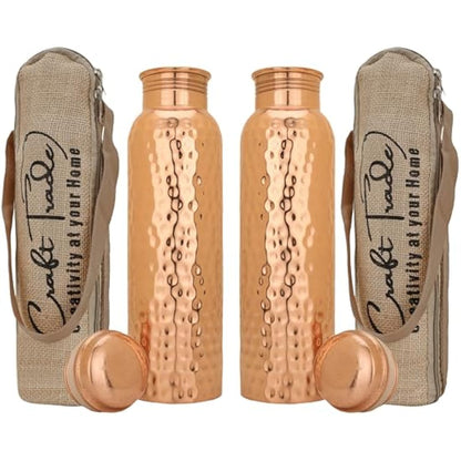 Craft Trade Pack of 2 Pure Copper Bottle with Lid and Carry Bag for Drinking Water BPA Free Leak Proof Boosts Immunity, Supports Digestive & Liver Health, Ayurveda Inspired 34oz - 1 Litre Natural