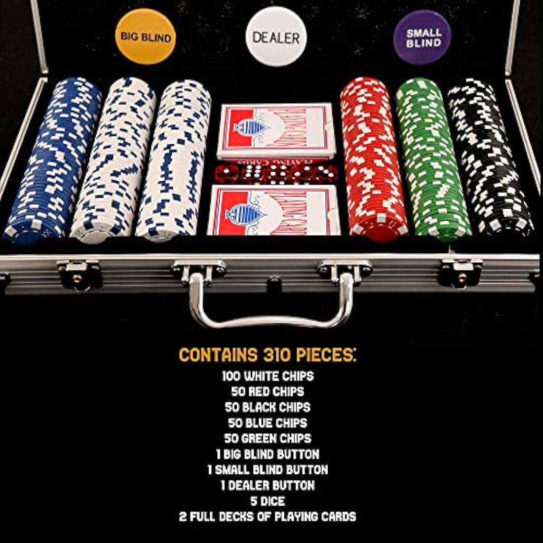 M.Y Texas Hold'em Poker Set - 300 Piece Set in Aluminium Case with 11.5g Heavyweight Poker Chips 2 Decks of Playing Cards Dealer Big Blind and Small Blind Buttons and 5 Dice