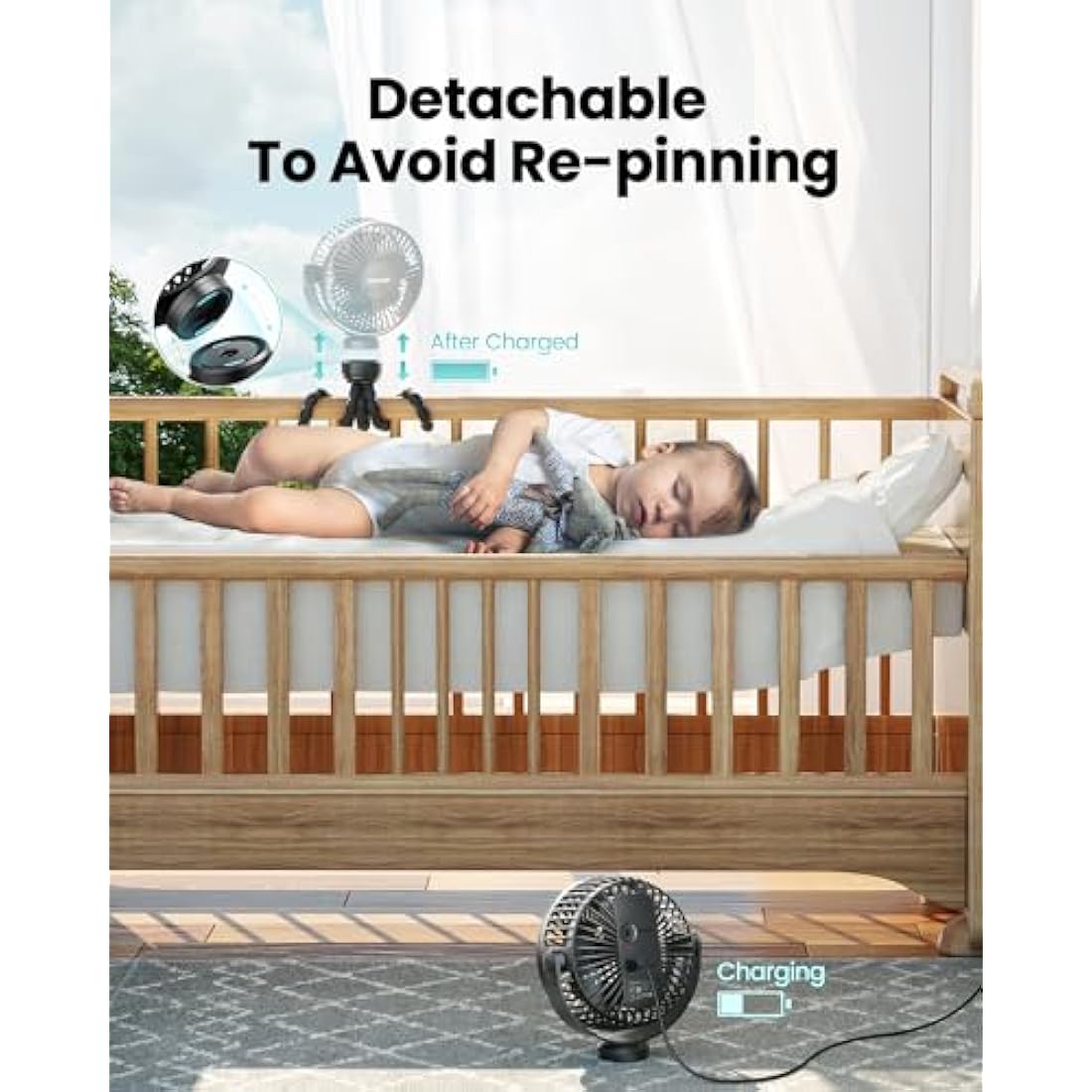 gaiatop Mini Portable Pram Fan, Rechargeable Small Clip on Fan for Stroller, Detachable 3 Speed 360° Rotate Flexible Tripod Handheld Desk Cooling for Car Seat Crib Treadmill Travel Black