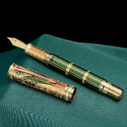 Hong Dian D5 Qin Dynasty Fountain Pen - Green Gold, Extra Fine Point, Piston Filler, Chinese Totem Retro Engraved Soft Writing Pen Set