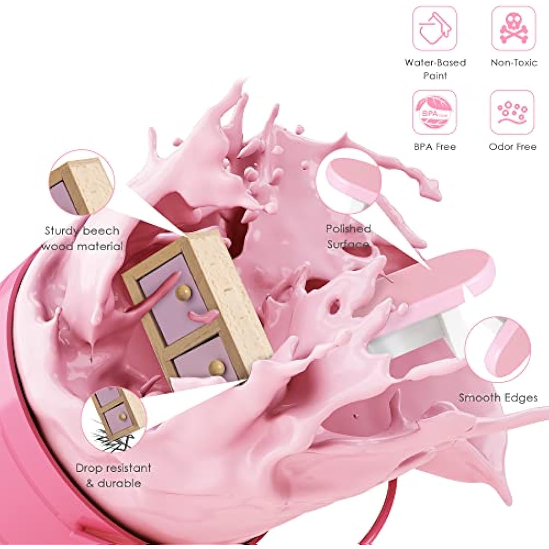 Lawcephun Wooden Dollhouse Furniture Set, 5 Room Kit 22 Piece Miniature Wood Accessories, Including Kitchen, Dining Room, Living Bedroom, Bathroom Playhouse Family Figures Play Toy, Pink (WT06)