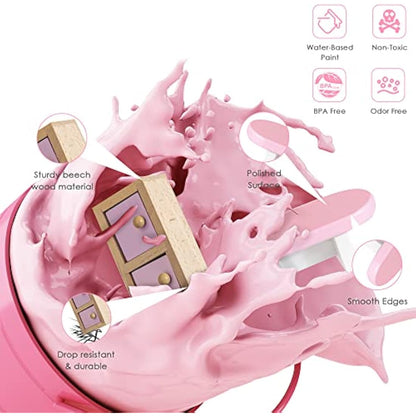 Lawcephun Wooden Dollhouse Furniture Set, 5 Room Kit 22 Piece Miniature Wood Accessories, Including Kitchen, Dining Room, Living Bedroom, Bathroom Playhouse Family Figures Play Toy, Pink (WT06)