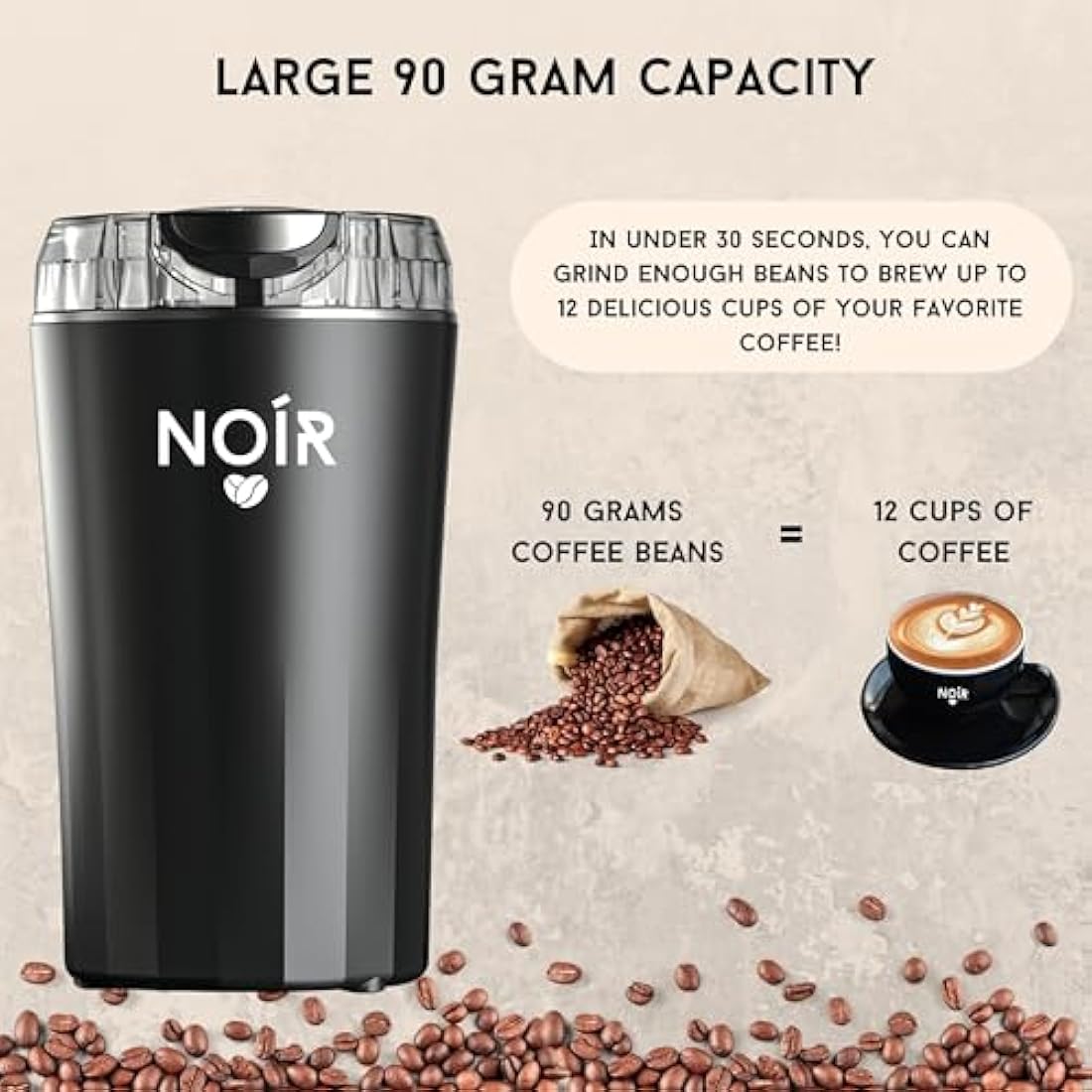 NOÍR Electric Coffee & Spice Grinder, 200W Motor, 90g Capacity, 304 Stainless Steel Blade, Safety Lock, Safe & Durable, Easy to Clean, Free Cleaning Brush Included