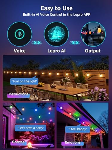 Lepro ZB1 AI Outdoor String Lights 15m, Smart Festoon Lights Outdoor Waterproof IP65, Warm White & RGB Colour Changing, AI Lighting Design Assistant, Works with Alexa, Bluetooth & 2.4G WiFi, No Remote