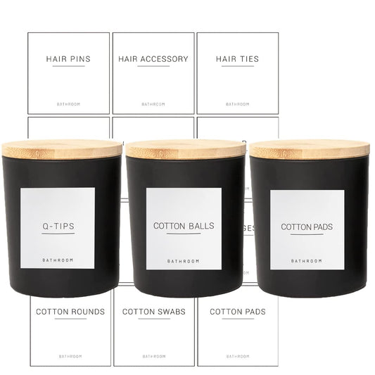 3PCS Modern 13.53oz Black Bathroom Canisters with 12 Labels & Wooden Lid Thick Glass Jar Set Qtip Holder for Cotton Ball & Pads Storage Organization