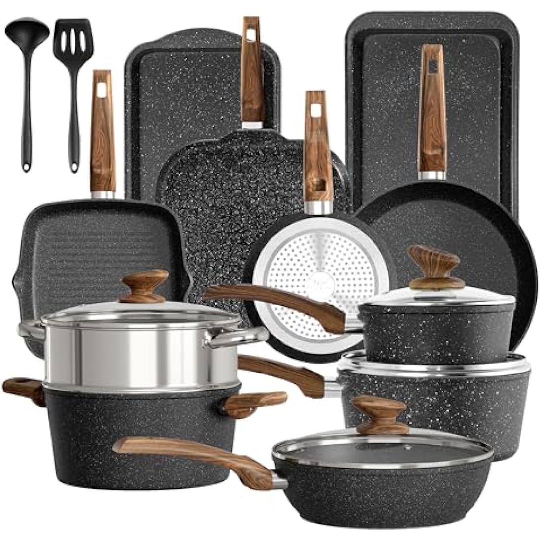 Kitchen Academy Non-Stick Pots and Pans Set, 17 Piece Granite-Coated Kitchen Cookware Set, Induction Cooking Saucepan Set, Black
